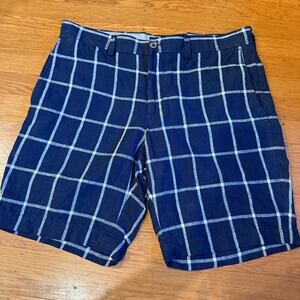 Banana Republic Aiden Shorts Mens 33 Blue Windowpane Plaid 100% Linen Slim Fit